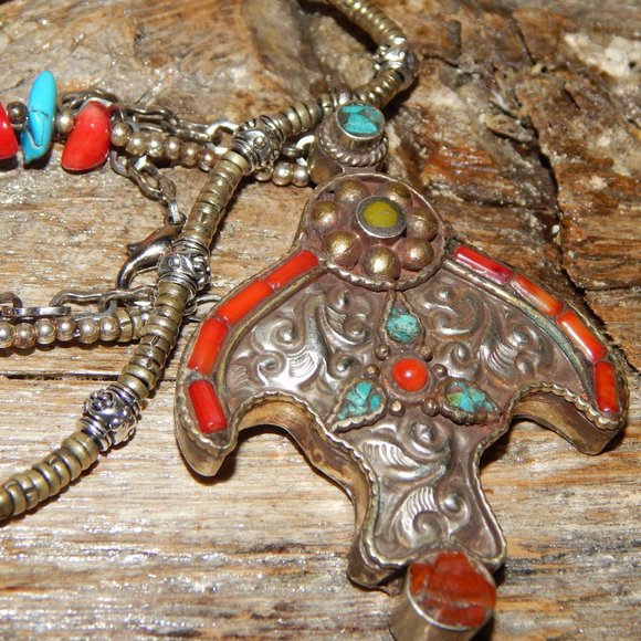 BoHo Turquoise Coral Mixed Metals Pendant Necklace - Picture 4 of 8